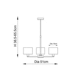 Dimension diagram of the Endon Bexley 3 Light Pendant in bronze, showing 38.5–65.5cm adjustable height, 51cm diameter, and 15cm shade diameter.