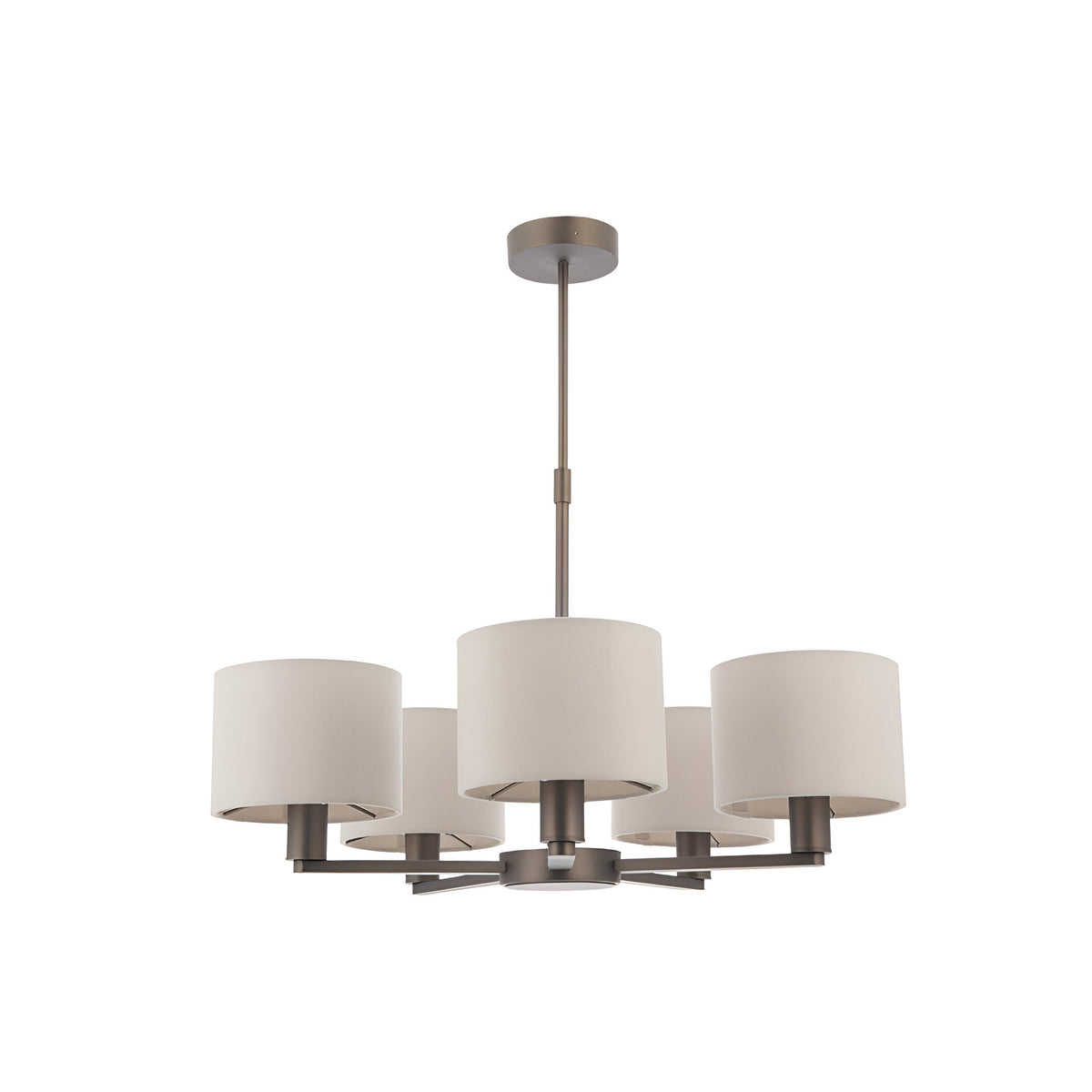 Endon Bexley 5 light pendant in antique bronze with five curved arms holding marble-effect faux silk drum shades, shown on a plain white background.