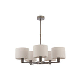 Endon Bexley 5 light pendant in antique bronze with five curved arms holding marble-effect faux silk drum shades, shown on a plain white background.