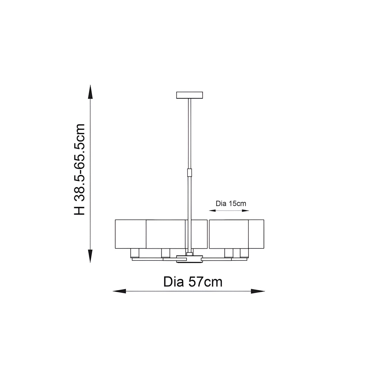 Dimensional line drawing of the Endon Bexley 5 Light Pendant showing a 57cm diameter and adjustable 38.5–65.5cm height, with 15cm shades.