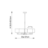 Dimensional line drawing of the Endon Bexley 5 Light Pendant showing a 57cm diameter and adjustable 38.5–65.5cm height, with 15cm shades.
