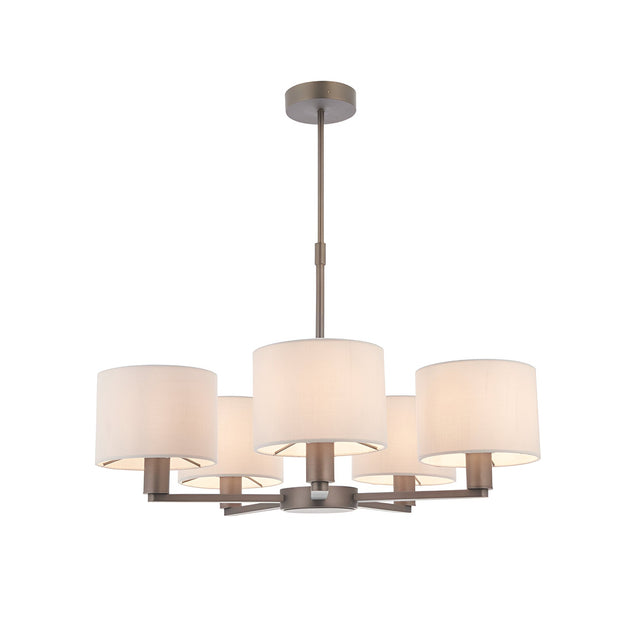 Endon Bexley 5 light pendant in bronze with five marble-effect faux silk drum shades on curved arms and adjustable drop rod, on white background.