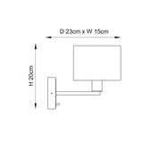 Dimension diagram of the Endon Bexley wall light showing 20cm height, 15cm width and 23cm projection with a rectangular shade and arm bracket.