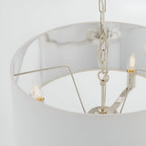 Close-up of Endon Brendale 3 light pendant showing nickel metalwork, three E14 lamps and white faux silk shade with metallic silver lining.