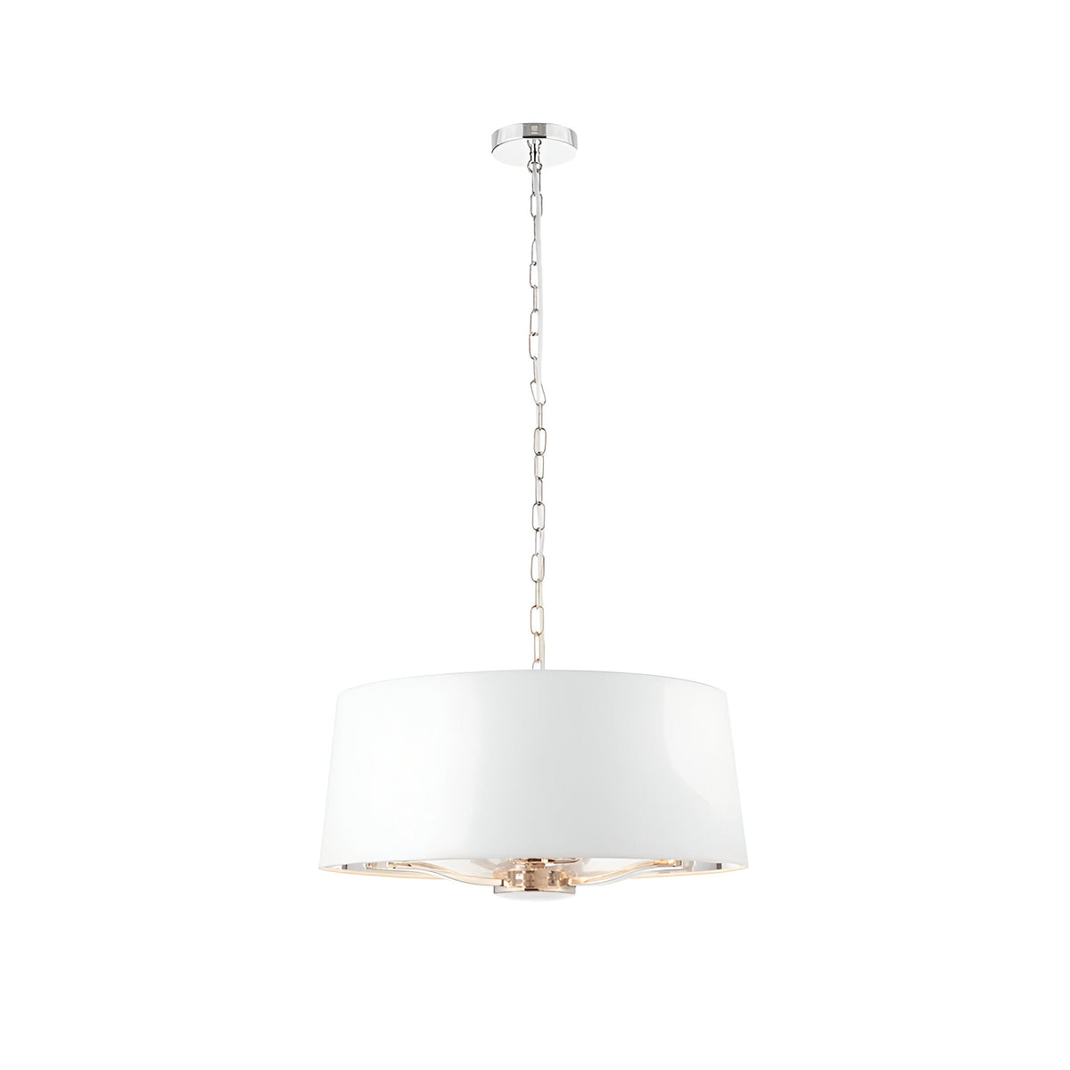 Endon Brendale 3 light pendant with wide white faux silk drum shade, nickel chain and ceiling rose, shown on a plain white background.