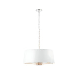 Endon Brendale 3 light pendant with wide white faux silk drum shade, nickel chain and ceiling rose, shown on a plain white background.