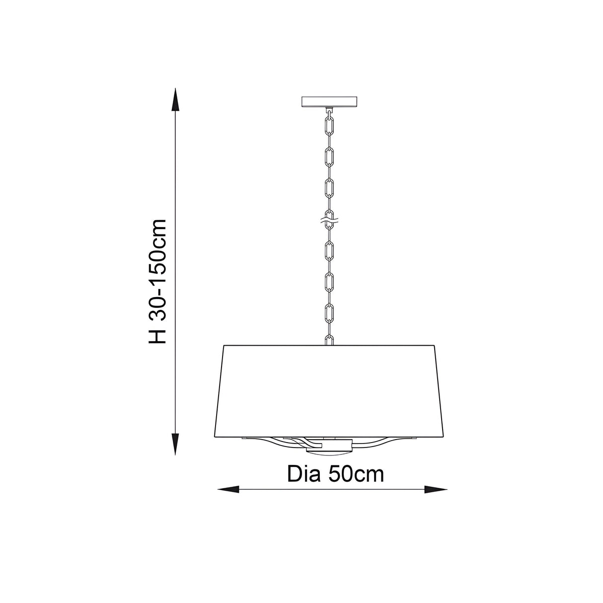 Dimensions diagram of the Endon Brendale 3 Light Pendant showing 50cm shade diameter and adjustable 30–150cm drop on a white background.