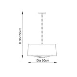 Dimensions diagram of the Endon Brendale 3 Light Pendant showing 50cm shade diameter and adjustable 30–150cm drop on a white background.