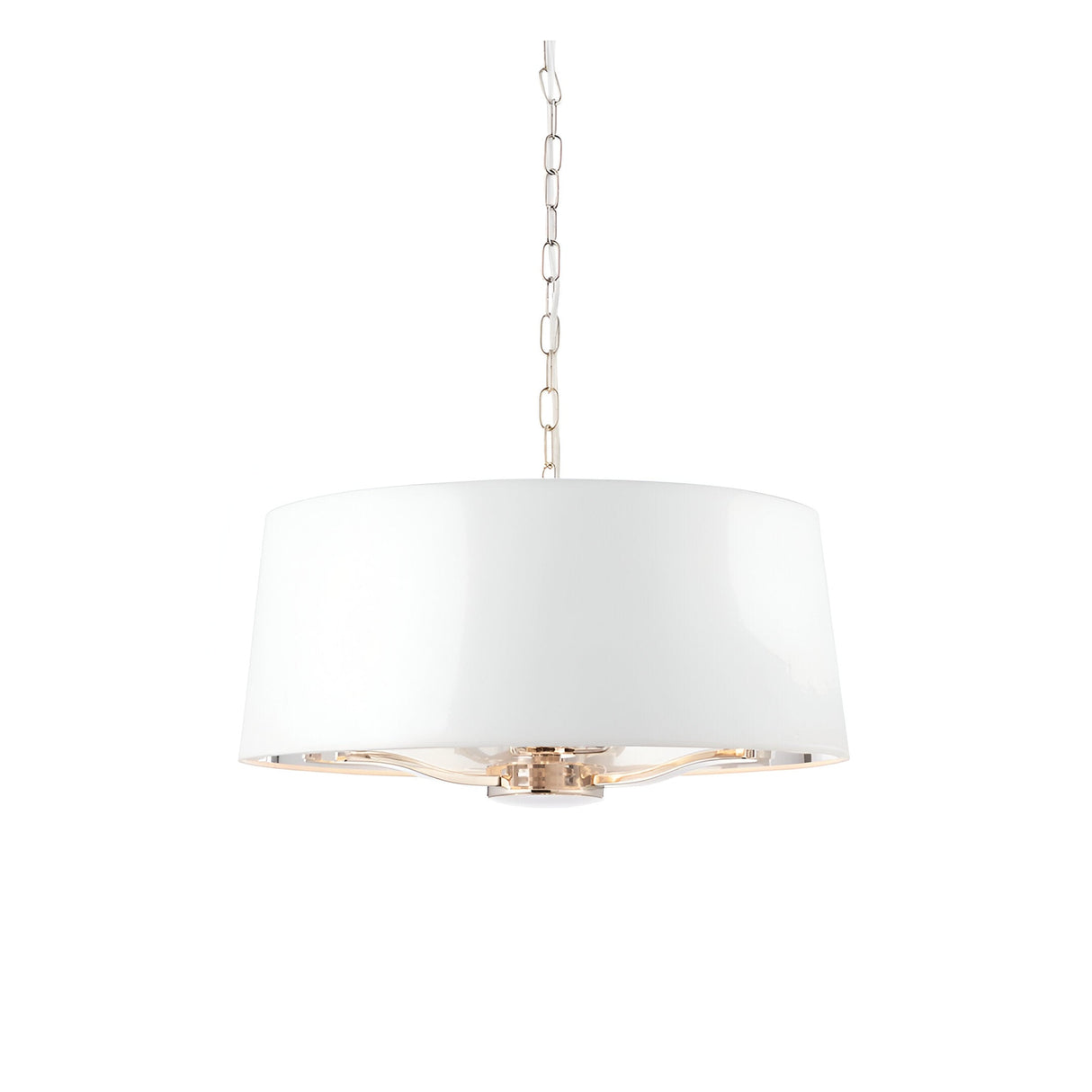 Endon Brendale 3 light pendant with a white faux silk drum shade, nickel metalwork and suspension chain, shown on a plain white background.