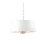 Endon Brendale 3 light pendant with a white faux silk drum shade, nickel metalwork and suspension chain, shown on a plain white background.