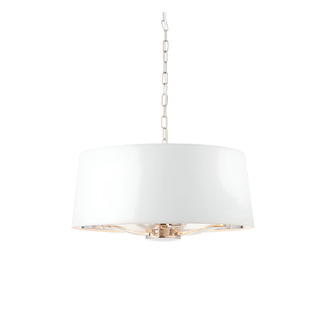 Endon Brendale 3 light pendant with a white faux silk drum shade, nickel metalwork and suspension chain, shown on a plain white background.