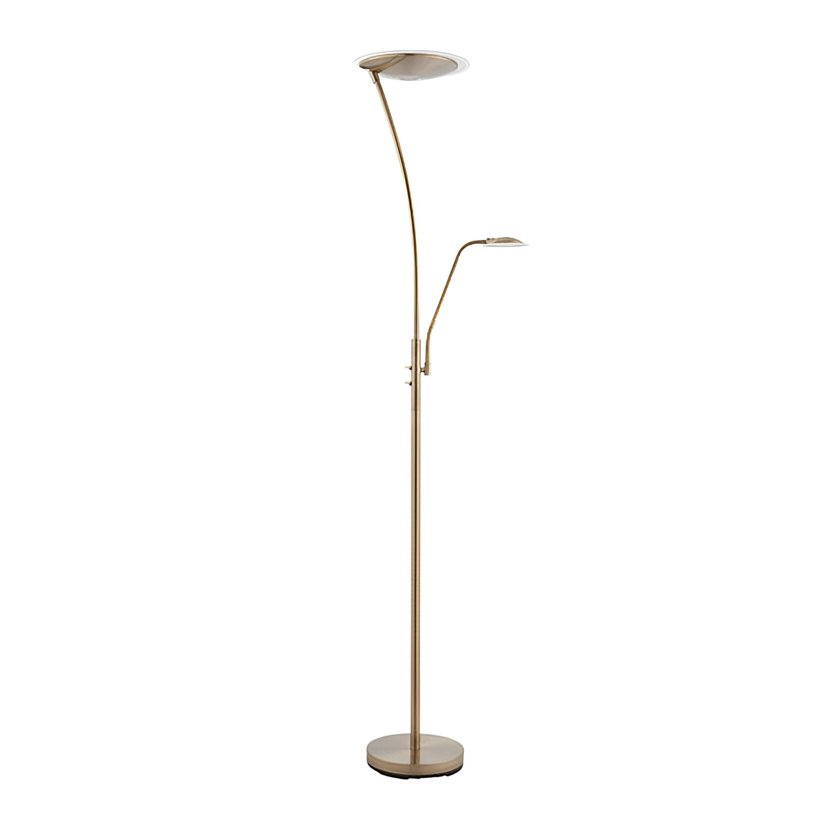Endon Aldcombe LED mother and child floor lamp in antique brass with white frosted diffusers, tall uplight and adjustable reading arm, on a plain background.