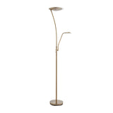 Endon Aldcombe LED mother and child floor lamp in antique brass with white frosted diffusers, tall uplight and adjustable reading arm, on a plain background.