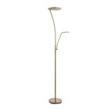 Endon Aldcombe LED mother and child floor lamp in brass with white frosted diffusers, tall uplight and adjustable reading arm on a slim stem.