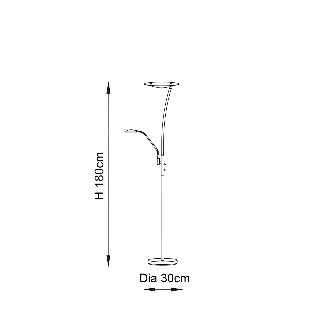 Dimension diagram of the Endon Aldcombe LED floor lamp showing 180cm height and 30cm base diameter with uplight and adjustable reading arm.