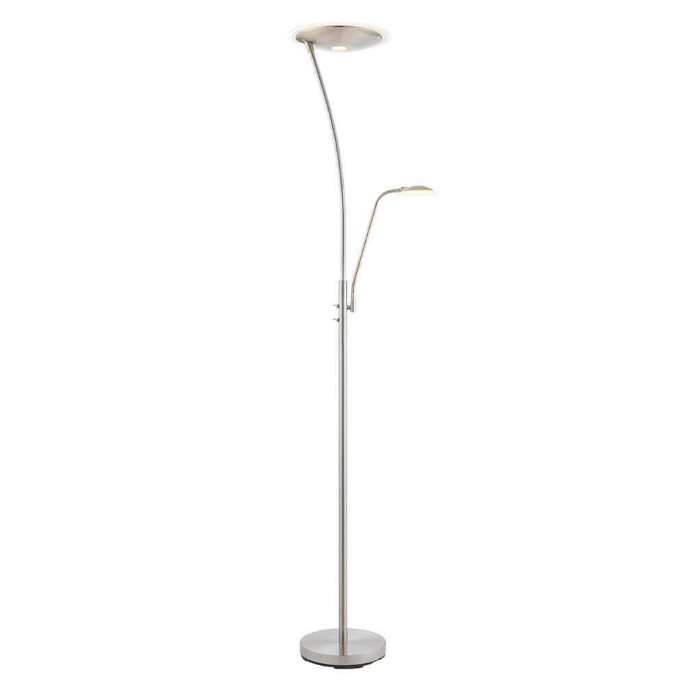 Endon Aldcombe LED mother and child floor lamp in chrome with white frosted diffusers, tall uplight and adjustable reading arm on a round base.