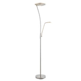 Endon Aldcombe LED mother and child floor lamp in chrome with white frosted diffusers, tall uplight and adjustable reading arm on a round base.