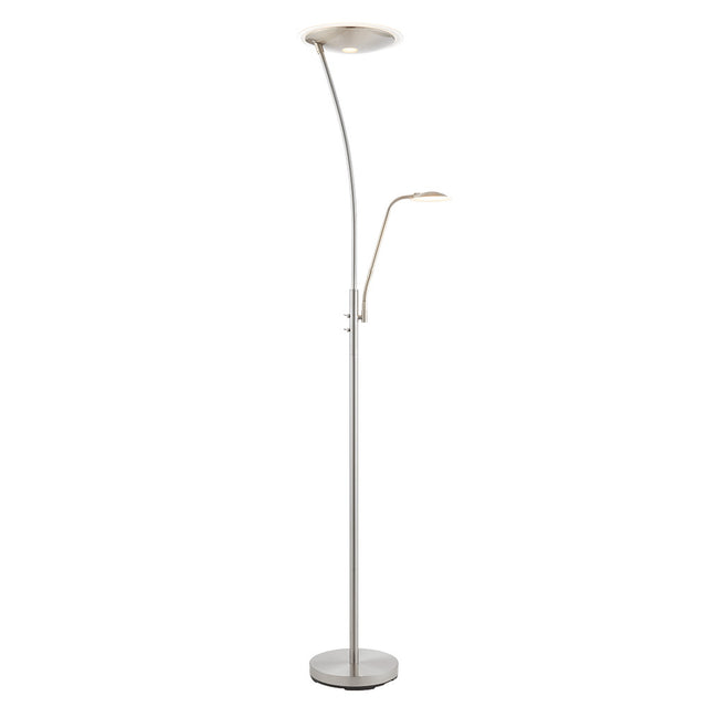 Endon Aldcombe LED mother and child floor lamp in chrome with white frosted diffusers, tall uplight and adjustable reading arm on a round base.