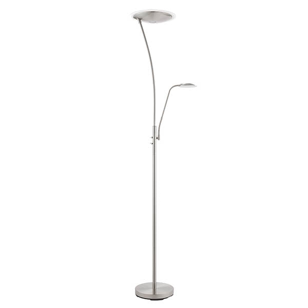 Endon Aldcombe LED mother and child floor lamp in chrome with white frosted diffusers, tall uplight and adjustable reading arm, on a plain background.