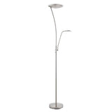 Endon Aldcombe LED mother and child floor lamp in chrome with white frosted diffusers, tall uplight and adjustable reading arm, on a plain background.