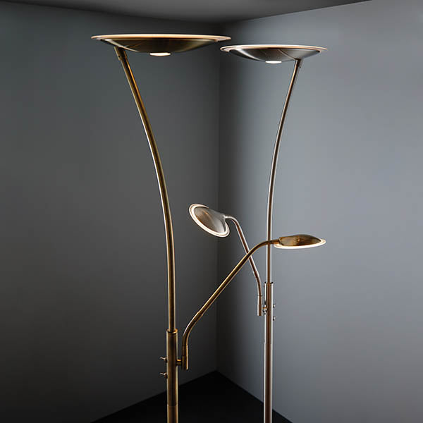 Endon Aldcombe LED mother and child floor lamp in antique brass with tall uplight, adjustable reading arm and white frosted diffusers.