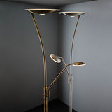 Endon Aldcombe LED mother and child floor lamp in antique brass with tall uplight, adjustable reading arm and white frosted diffusers.