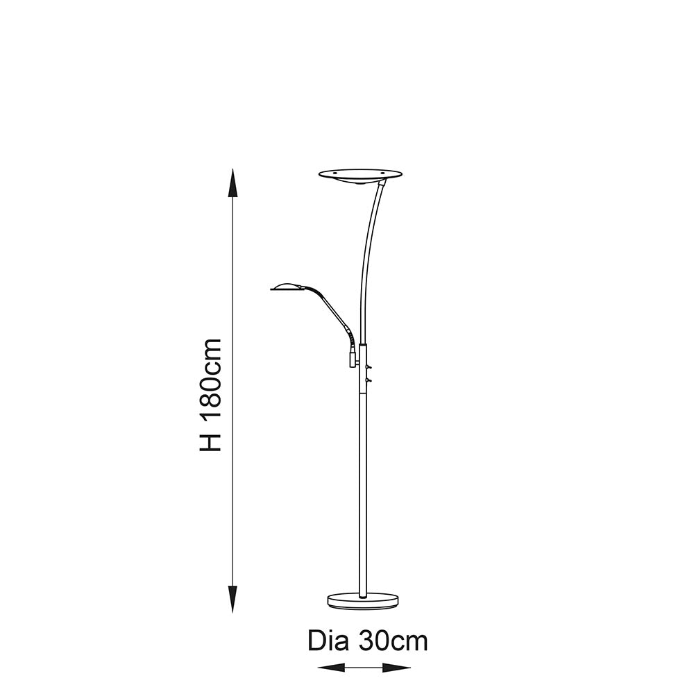 Dimensioned line drawing of the Endon Aldcombe LED mother and child floor lamp, showing 180cm height and 30cm base diameter on a white background.