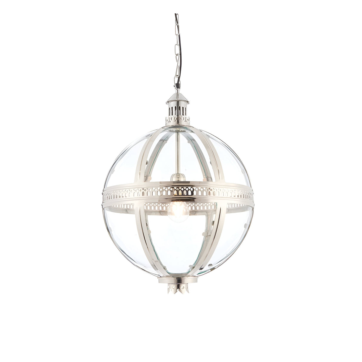 Endon Danecombe spherical pendant light in nickel-plated brass with clear glass panels and single E27 bulb, suspended from a chain on a white background.