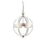 Endon Danecombe spherical pendant light in nickel-plated brass with clear glass panels and single E27 bulb, suspended from a chain on a white background.
