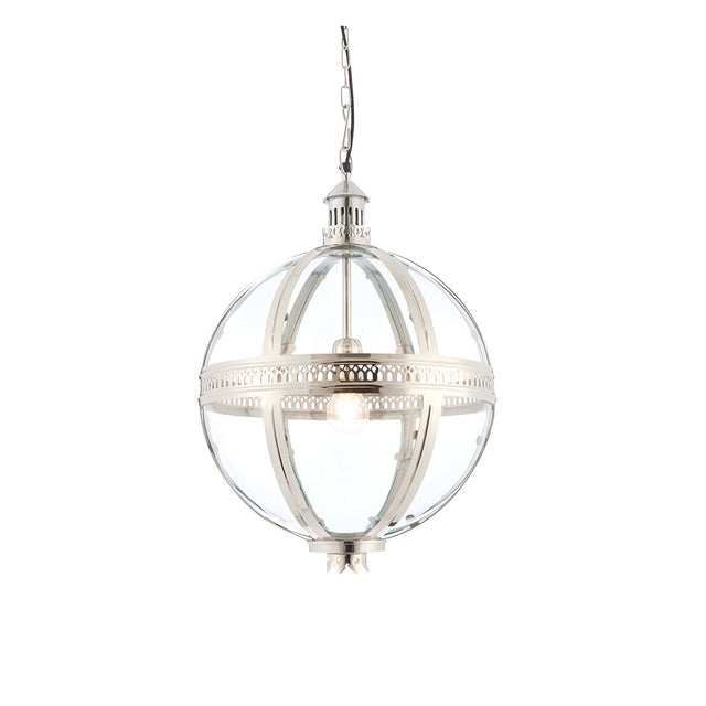 Endon Danecombe spherical pendant light in nickel-plated brass with clear glass panels and single E27 bulb, suspended from a chain on a white background.