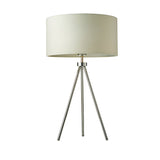 Cranwell Table Lamp with chrome tripod legs and a wide cream fabric drum shade, shown on a plain white background.