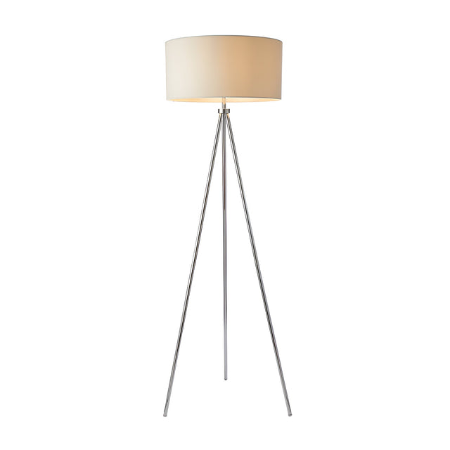 Endon Cranwell floor lamp with a slim chrome tripod base and wide cream linen-effect drum shade, shown on a plain white background.