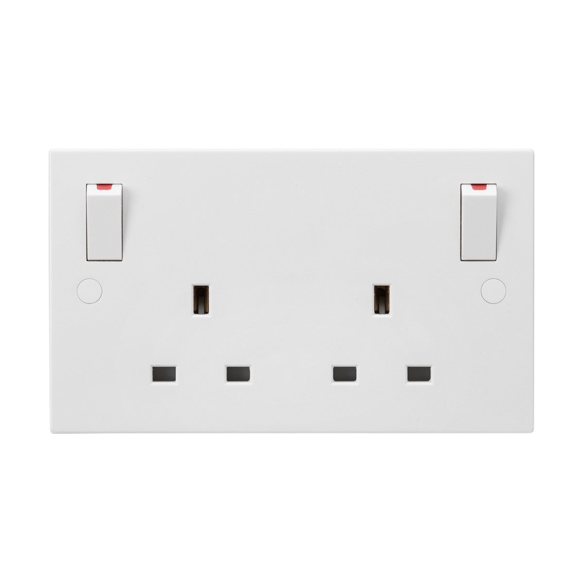 The product is a 13A 2 Gang DP Switched Socket with Twin Earths and Outboard Rockers, featuring a white finish with two double pole switches, each with a red indicator. It includes standard three-pin UK plug holes and boasts an anti-microbial finish. Its minimalist square edge design ensures it is both modern and functional.