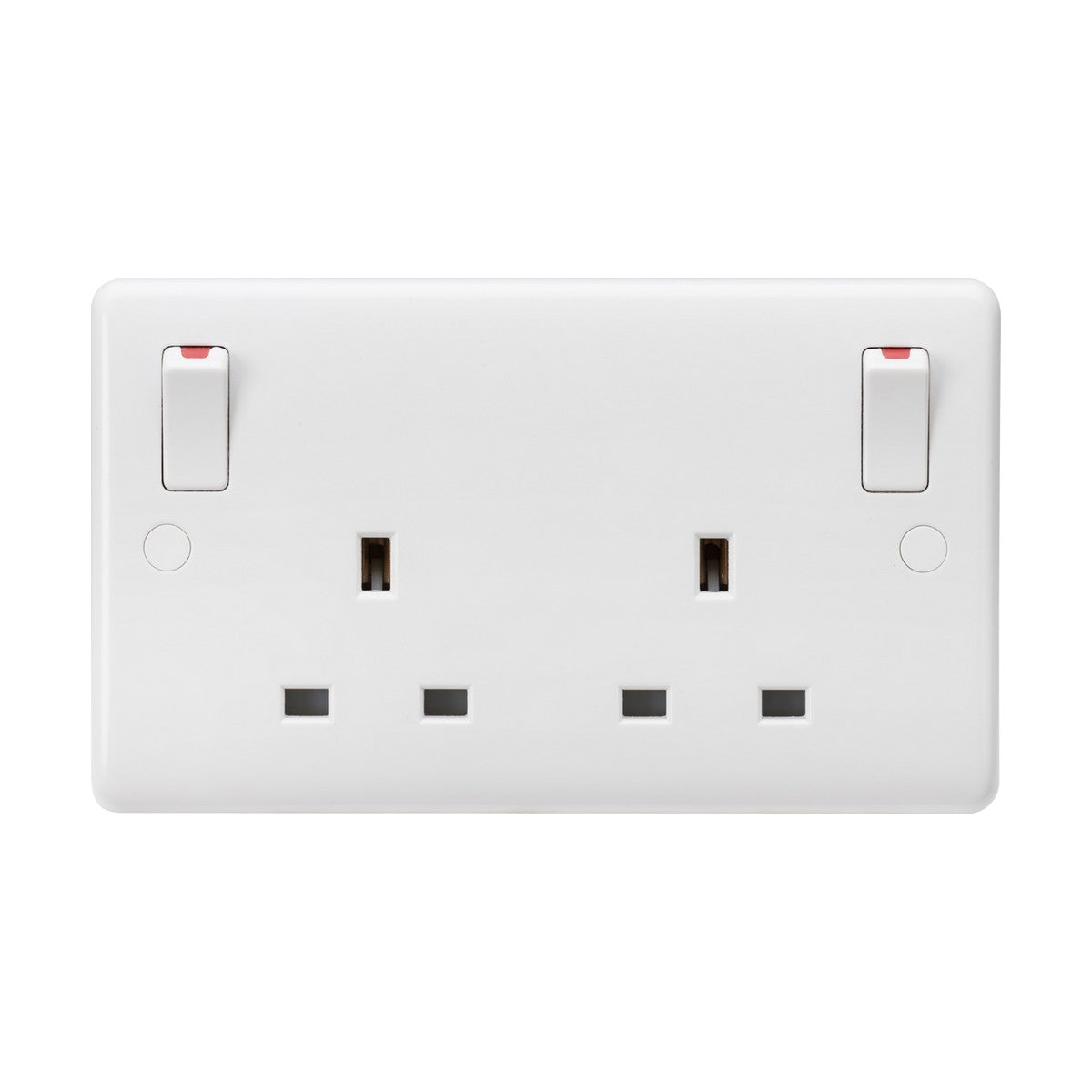 Introducing the 13A 2 Gang DP Switched Socket With Twin Earths And Outboard Rockers (Rounded Edge): a minimalist and hygienic white double electrical wall socket constructed from thermoset resin. It features two switches placed above each set of three-pin plug holes, complete with small red indicators for status display and enhanced anti-microbial properties.