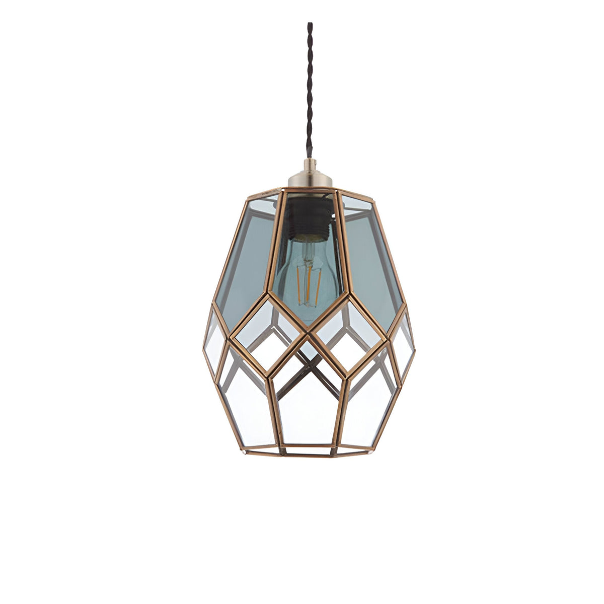 Endon Chartwick pendant shade with clear and smoked grey glass panels set in an antique brass cage frame, exposed filament bulb visible inside.