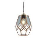 Endon Chartwick pendant shade with clear and smoked grey glass panels set in an antique brass cage frame, lit by an exposed filament bulb.