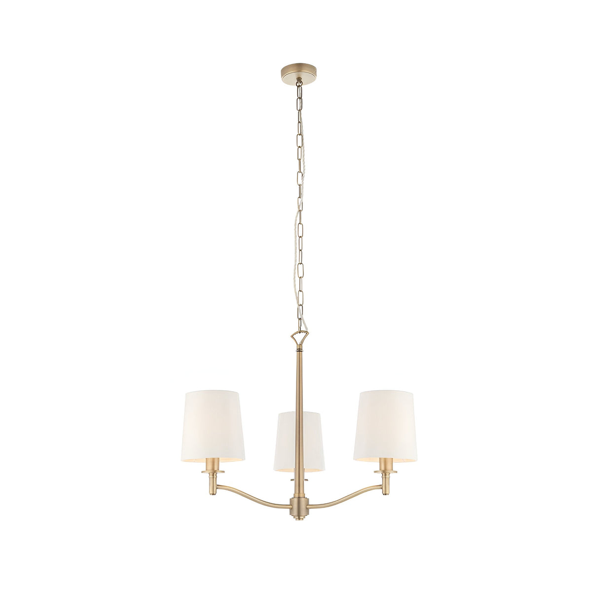 Endon Castwell 3 light pendant in antique brass with three vintage white faux silk shades on a chain suspension, shown on a plain white background.
