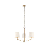 Endon Castwell 3 light pendant in antique brass with three vintage white faux silk shades on a chain suspension, shown on a plain white background.