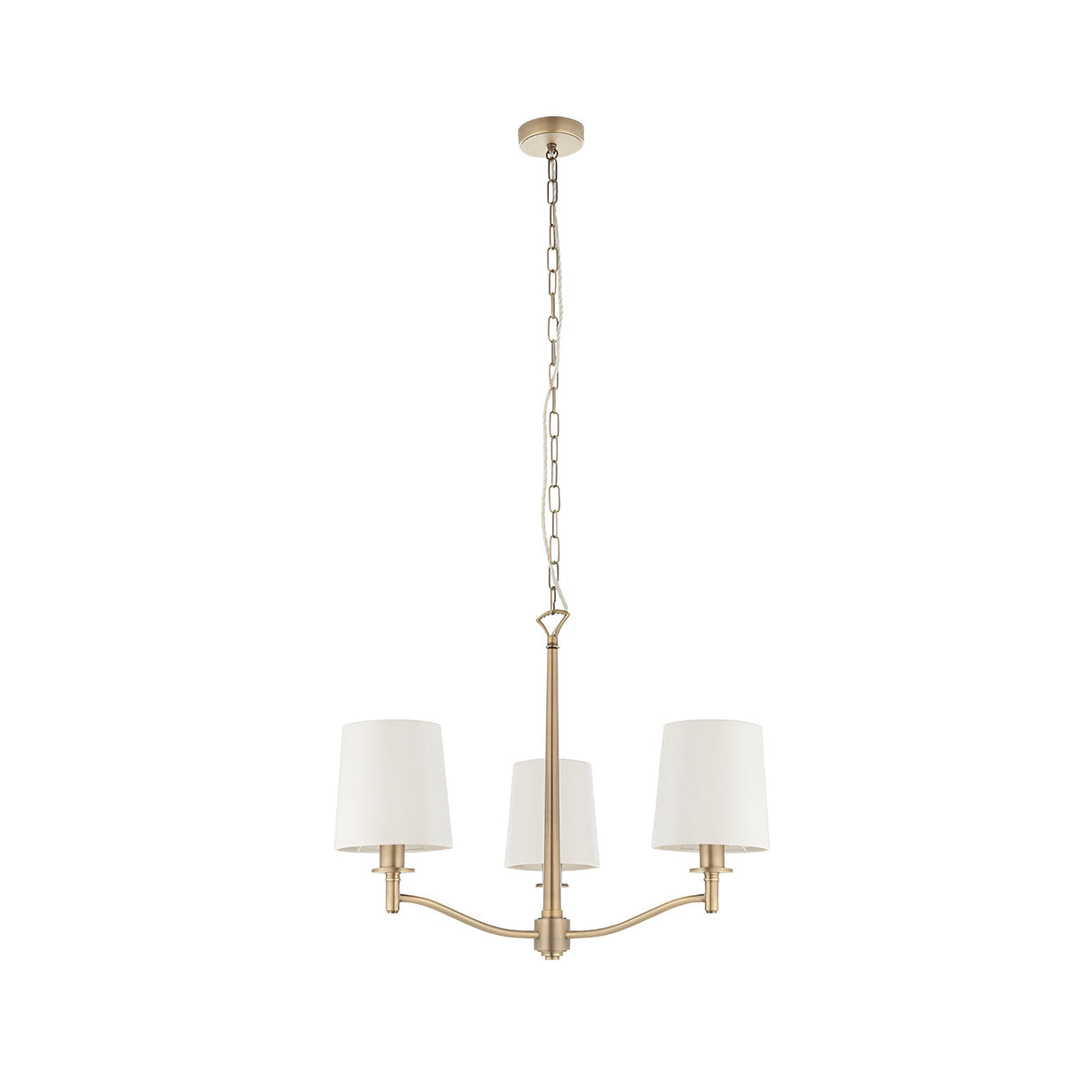 Endon Castwell 3 light pendant with vintage white faux silk shades on matt antique brass metalwork and chain suspension, shown on a white background.