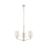 Endon Castwell 3 light pendant with vintage white faux silk shades on matt antique brass metalwork and chain suspension, shown on a white background.