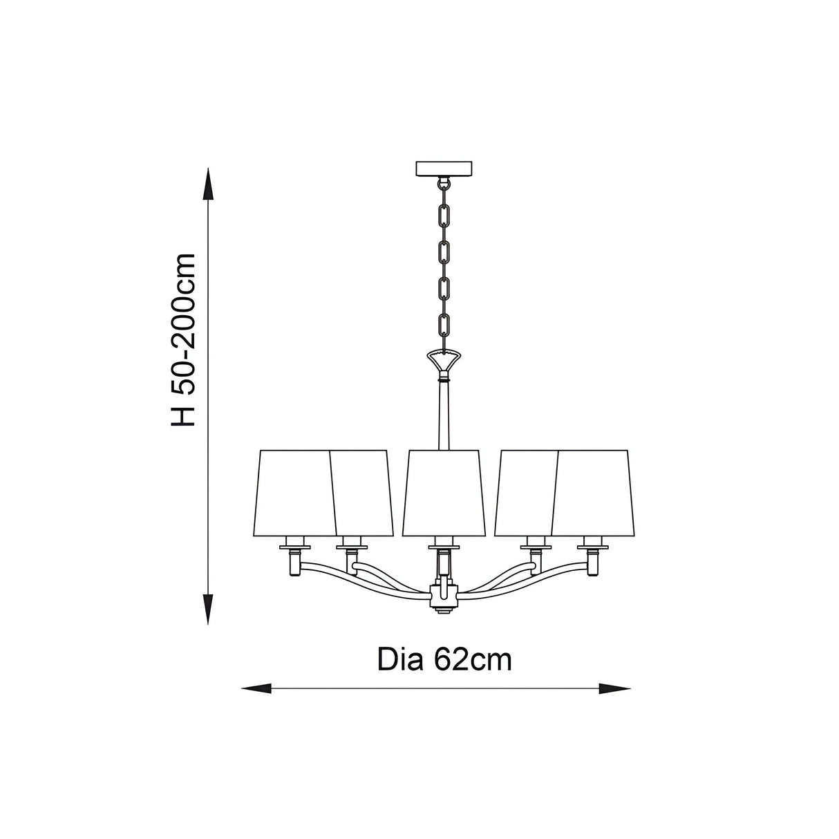 Dimensions diagram of Endon Castwell 5-light pendant showing 62cm diameter and adjustable 50-200cm height drop on a white background.
