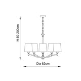Dimensions diagram of Endon Castwell 5-light pendant showing 62cm diameter and adjustable 50-200cm height drop on a white background.