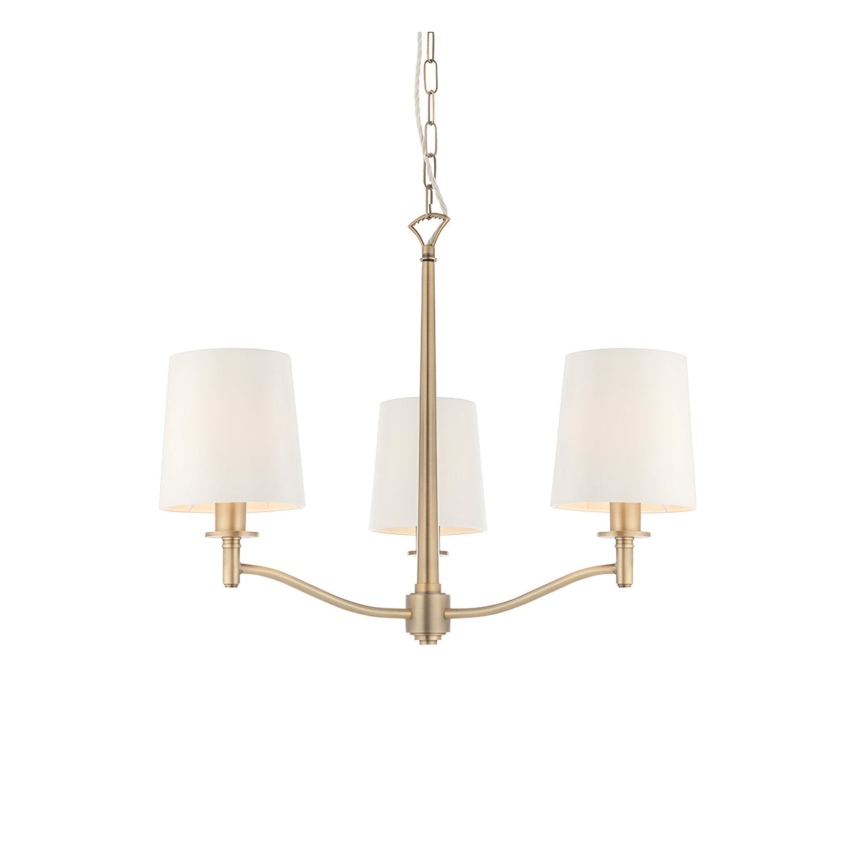 Endon Castwell 3-light pendant with vintage white fabric shades and matt antique brass metalwork on a chain suspension, shown on a white background.