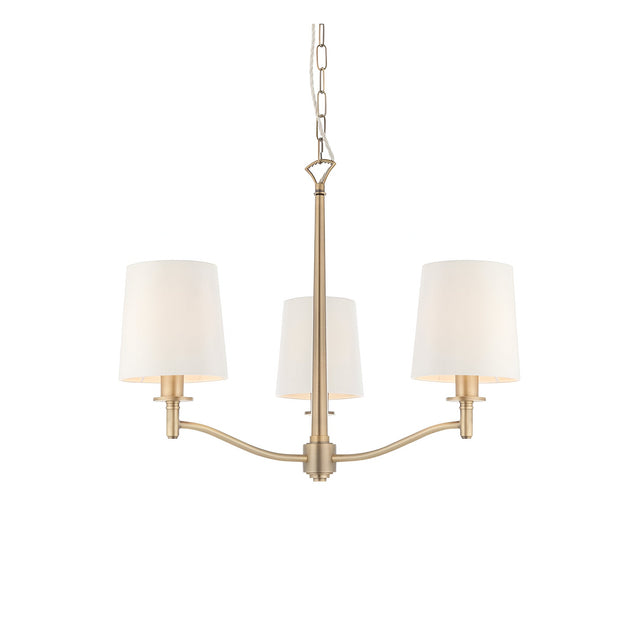 Endon Castwell 3-light pendant with vintage white fabric shades and matt antique brass metalwork on a chain suspension, shown on a white background.