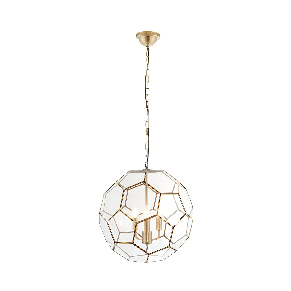 Endon Carldon 3 light pendant with hexagonal clear glass panels edged in antique brass, suspended from a decorative chain on a white background.