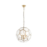 Endon Carldon 3 light pendant with hexagonal clear glass panels edged in antique brass, suspended from a decorative chain on a white background.