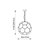Dimensions diagram of Endon Carldon 3 Light Pendant showing 47cm diameter and adjustable 60-200.5cm drop with chain suspension.