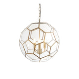 Endon Carldon 3 light pendant with hexagonal clear glass panels edged in antique brass, suspended from a decorative chain on a white background.