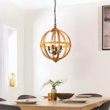 Cranleigh 4 Light Pendant in natural mango wood with a dark bronze fitting, its open globe of curved hoops hanging above a dining table.