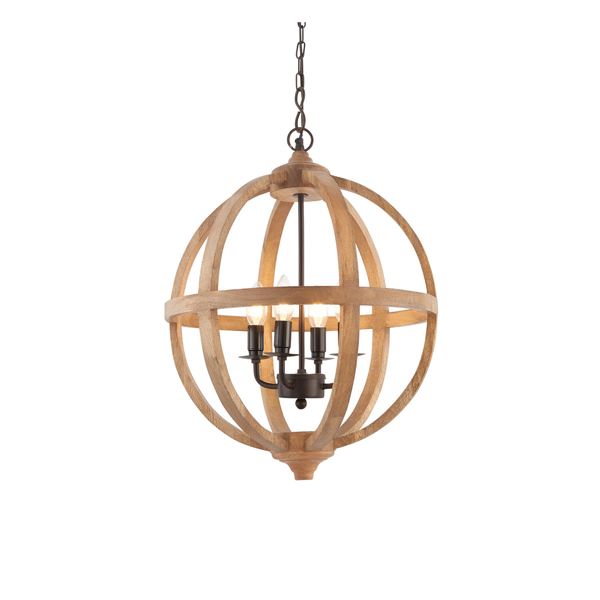 Cranleigh 4 Light Pendant with natural mango wood hoops forming a globe frame around a bronze fitting, hung from a chain on a white background.